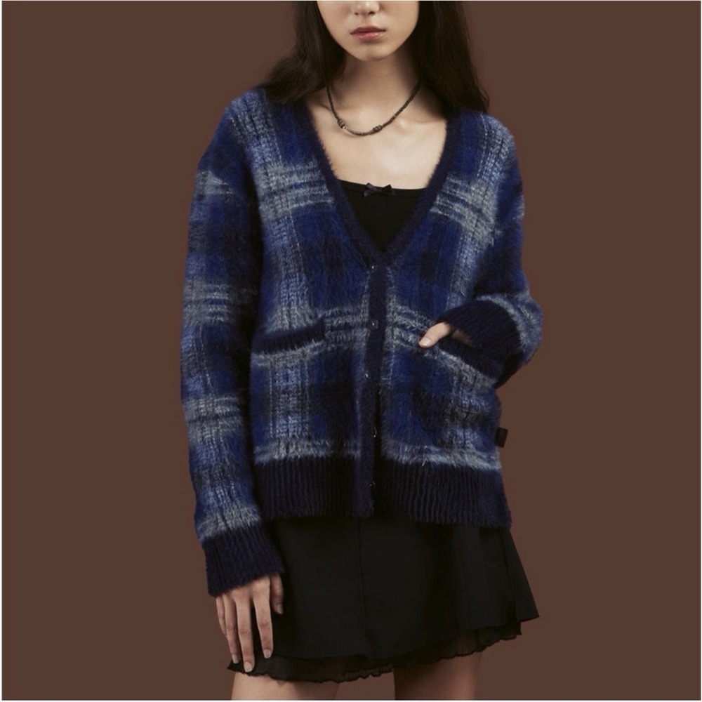 Unif Ty Cardigan Sweater Blue Boxy Fuzzy Plaid Preppy Fall Academia Y2k 90s Sz M